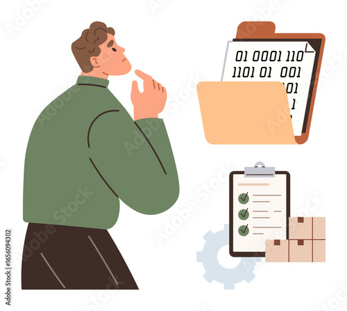Thoughtful man analyzing binary data on folder, a checklist on clipboard with a gear and boxes. Ideal for data analysis, logistics, planning, project management, decision making, digital