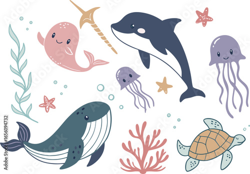 Dolphin fish sea animal icon set 
