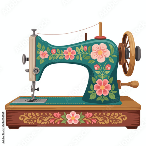 Vintage Sewing Machine Illustration with Floral Design Ornamental Details and Intricate Mechanism Craftsmanship for Tailoring and Sewing Projects