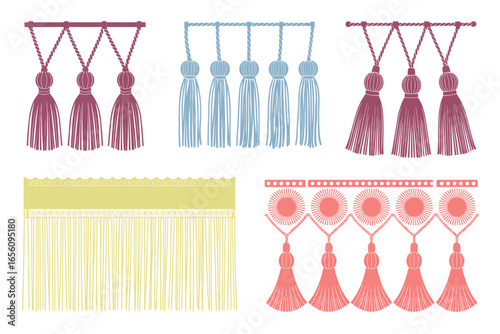 Vintage Tassel and Fringe Collection Decorative Border Elements in Pastel Colors for Crafts and Interior Design Projects