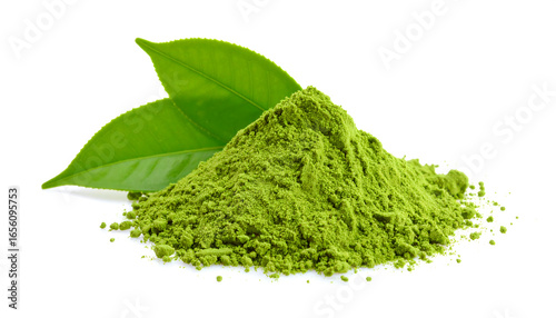 Vibrant Green Matcha Powder Pile with Fresh Tea Leaves, Isolated on White Background, Healthy and Natural Food Image, Studio Shot, High-Resolution.