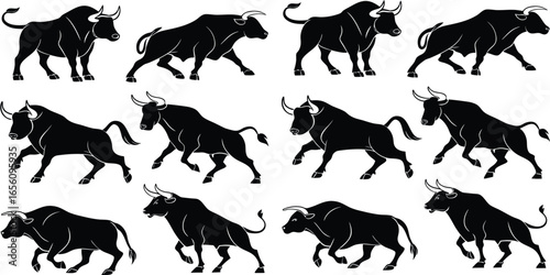 Black Line Bull Icons Set including Flat Animal Power Mascot and Taurus Symbol Collection with Minimal Bull Icon Group for UI Web Agriculture Finance and Wild Strength Design Projects