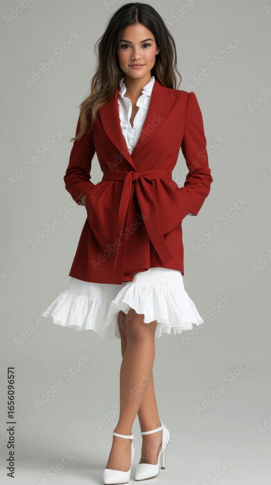 Fototapeta premium Young hispanic female in red coat with white dress and heels