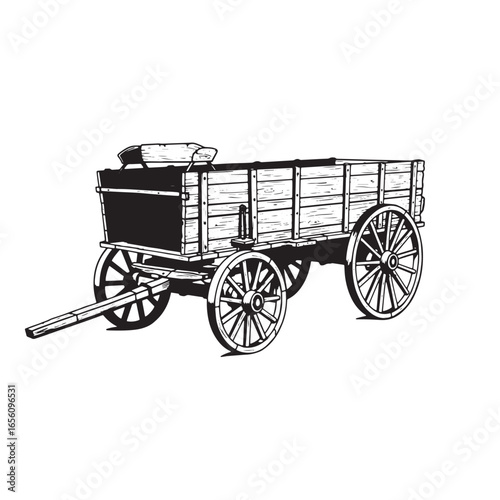 Detailed black and white illustration of an antique wooden wagon on white background