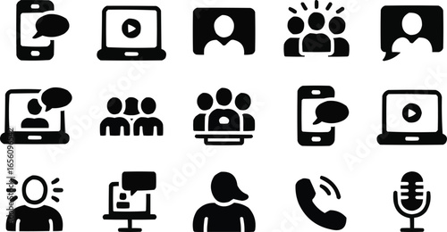 Set of Modern Communication Icons Depicting Online Meetings Webinars and Digital Communication Tools Representing Connectivity in the Digital Age for Remote Work and Global Collaboration