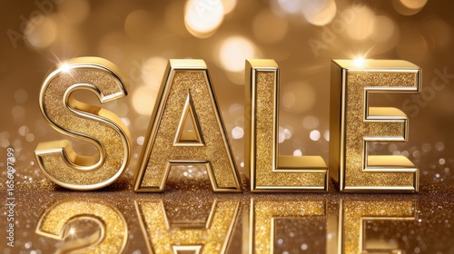 Golden sale sign shining brightly in a festive atmosphere with shimmering background
