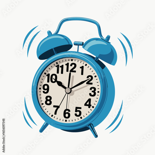 Vintage blue twin bell alarm clock ringing loudly with motion blur