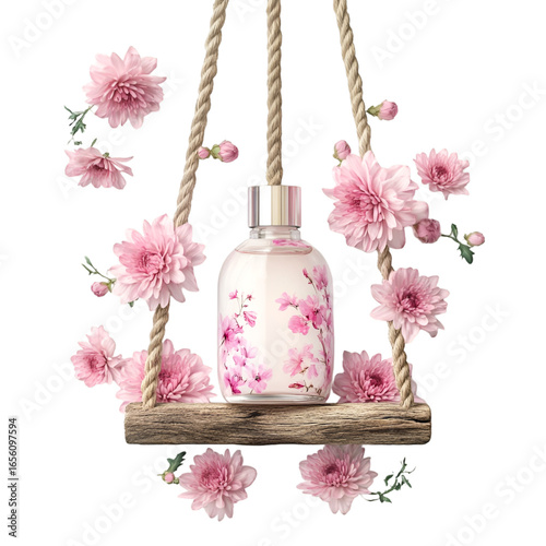 Elegant perfume bottle adorned with delicate pink blossoms on a rustic wooden swing, evoking spring freshness and natural beauty.