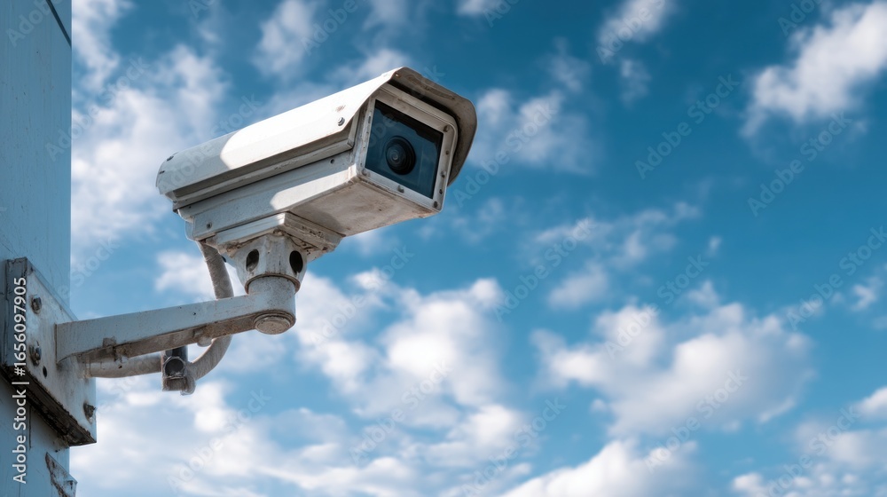 Security camera on building with partly cloudy sky Security camera on building with partly cloudy sky