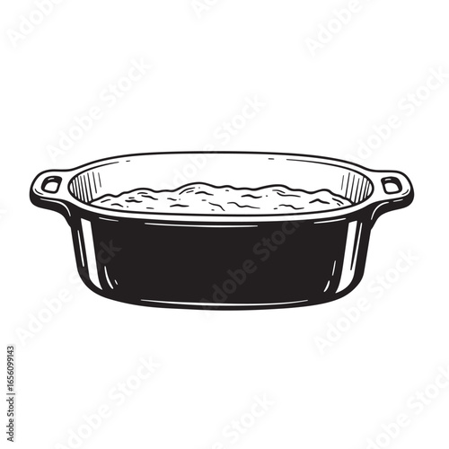 Hand drawn illustration of a casserole dish containing food ready for baking or serving