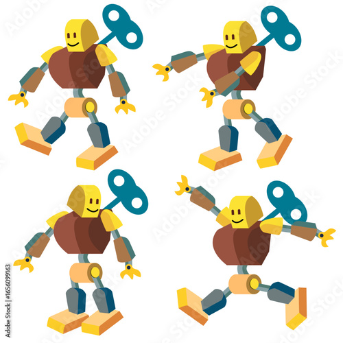 Illustrazione vettoriale di robot giocattolo vintage con chiave a molla , personaggio simpatico in pose multiple per animazioni, motion graphic e design