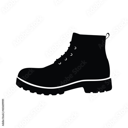 Silhouette of a classic black work boot with laces and tread vector design