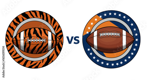 Two footballs, one with tiger stripes and the other with American flag design, representing a sporting competition.