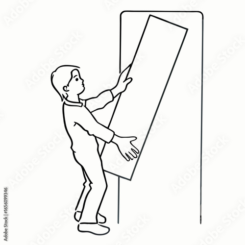 Young boy challenged by tall box for organization and movement with copy space for children's day illustration