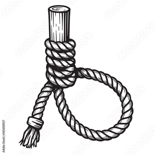 Hand drawn illustration of a hangman's noose with detailed rope and wood grain