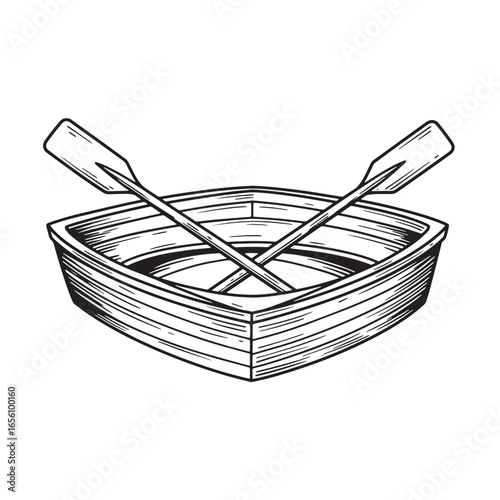 Hand drawn illustration of a rowboat with crossed oars ideal for nautical designs