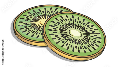 Two kiwi slices with green flesh and black seeds arranged on a white surface with a light shadow