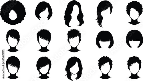 Collection of diverse female and male hairstyle silhouettes, trendy haircuts, fashion hair designs, modern hair styles vector icons