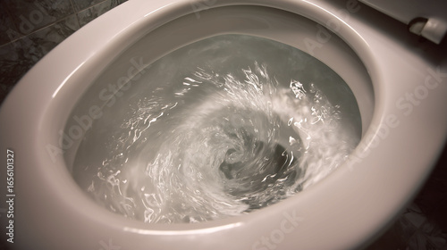 A toilet with water swirling inside during flush, Water swirling in a toilet bowl
