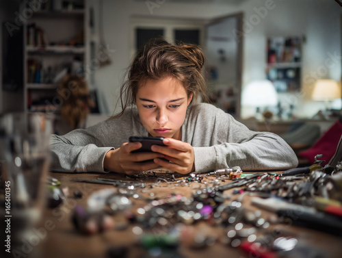 Teenager Engaged in Smartphone Use Amidst Jewelry in Creative Home Interior