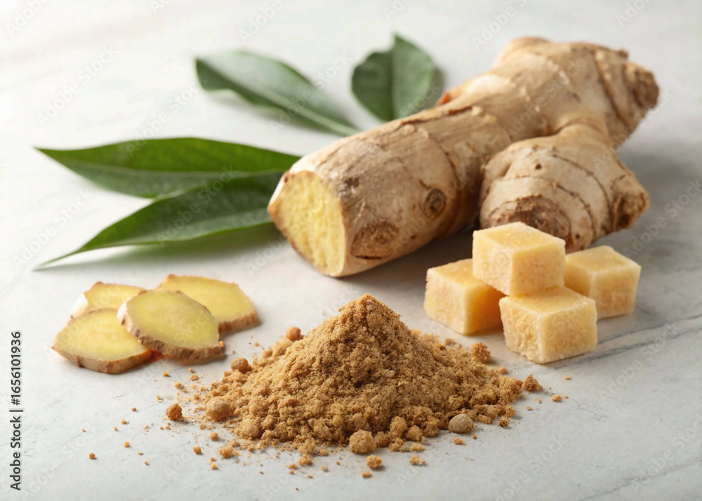 Fototapeta premium A culinary composition of a whole ginger root, ginger powder, and ginger-flavored candy on a light surface.