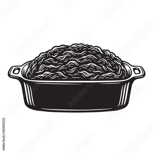 Illustration of a baked dish with noodles in a cast iron casserole isolated on white