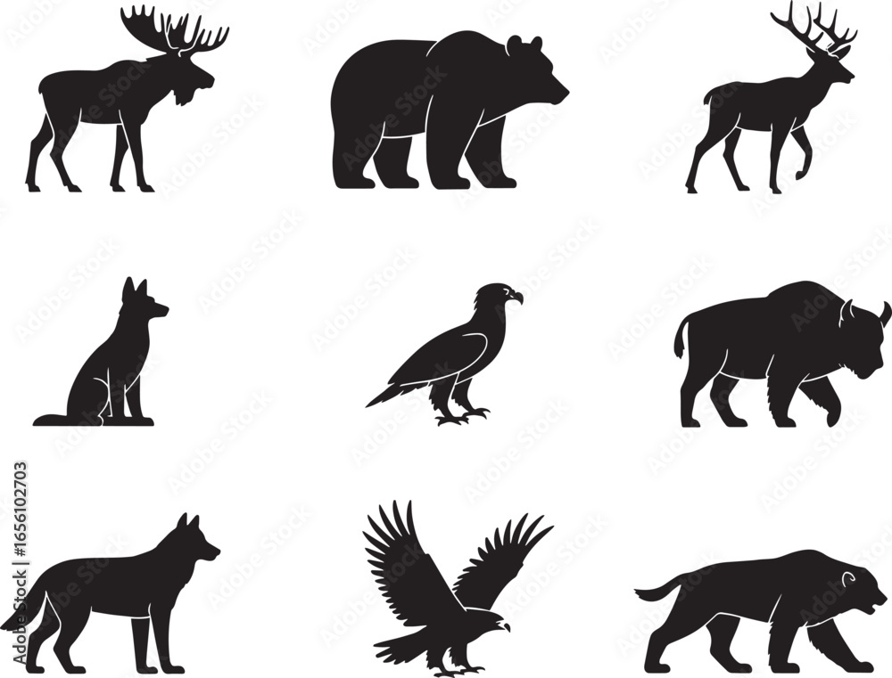 Fototapeta premium North American Wildlife Silhouettes – Bear, Wolf, Eagle, Moose and Elk Vector Icons