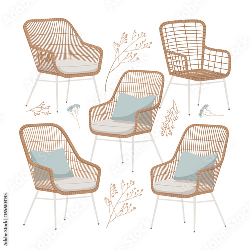 Collection of five woven rattan chairs with light blue cushions and floral accents