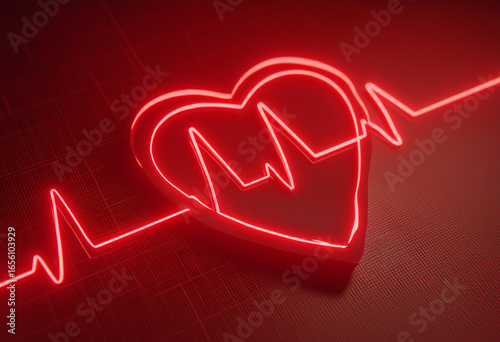 A glowing red heart shape with an ekg line running through it on a dark red background surface area