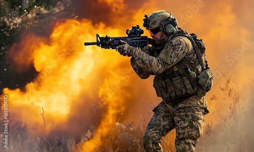 Armed Soldier In Camouflage Uniform Aiming Rifle At Explosive Background During Military Training