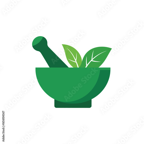 Green mortar and pestle with fresh herbal leaves for natural medicine