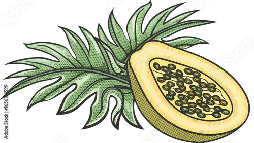 Illustration of a halved papaya fruit with visible seeds and leafy green foliage behind it artfully drawn