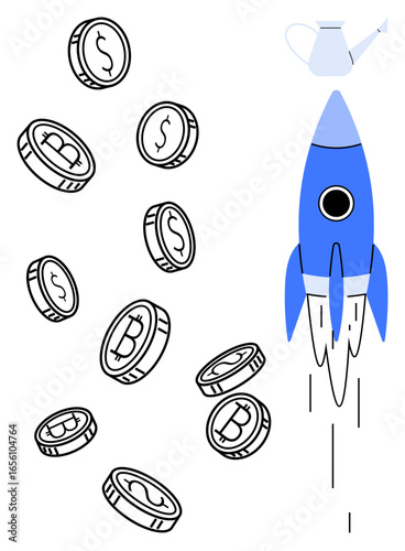 Rocket propelled upwards with a watering can on top as coins with dollar and bitcoin designs fall, symbolizing investment, growth, and cryptocurrency innovation. Ideal for technology, startup