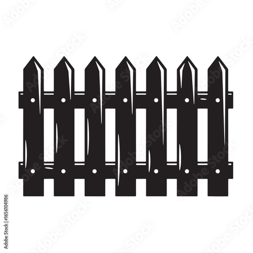 Simple black and white illustration of a wooden picket fence on white background