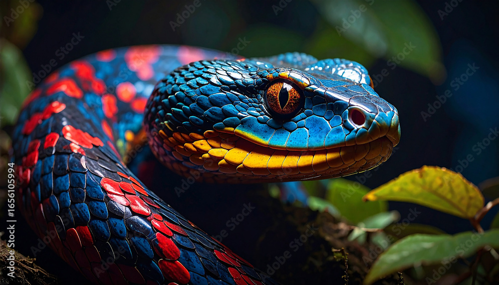 Fototapeta premium Electric Blue and Crimson Viper with Piercing Orange Eyes in Lush Jungle Foliage.