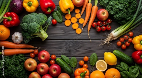Fresh vegetables and fruits including tomatoes, peppers, cucumbers, onions, and apples on a white background