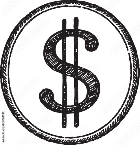 Dollar Sign Icon: A hand-sketched dollar sign, encased within a simple circle, symbolizes the essence of value and currency. The bold lines and clean design represent the economic world.