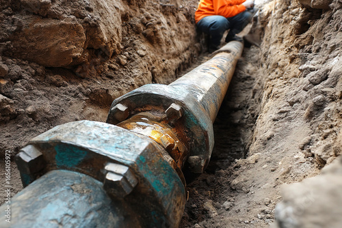 Water utility crew conducts pipe repair in a trench during maintenance work