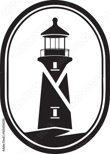 Coastal Sentinel: A striking, black and white silhouette of a classic lighthouse stands sentinel within a tasteful oval frame. This emblematic structure symbolizes guidance, hope, and steadfastness. 