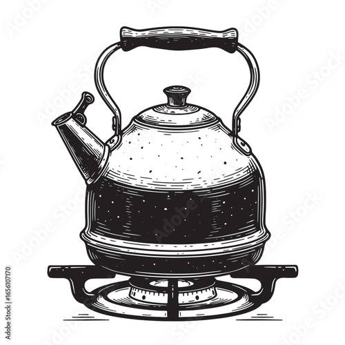 Vintage hand drawn illustration of a classic tea kettle resting on a gas burner