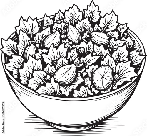 Healthy Salad Bowl Illustration: A meticulously crafted black and white illustration showcases a vibrant bowl of fresh salad, replete with crisp greens, nourishing nuts, and delightful toppings.