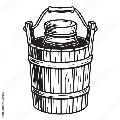 Vintage illustration of a wooden milk can with a handle for dairy farm concepts