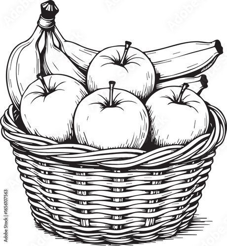 Fotografie Fruit Basket Sketch: A hand-drawn sketch of a woven basket overflowing with fresh fruit, a collection of juicy apples and ripe bananas creating a healthy and vibrant still life