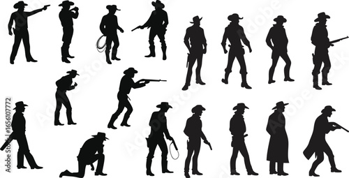 Black Line Cowboy Icons Set including Flat Western Hat Rodeo and Wild West Symbol Collection with Minimal Cowboy Icon Group for UI Web American Culture Ranch and Rodeo Design Projects