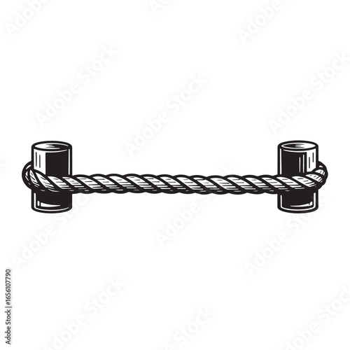Vintage rope barrier design with two cylindrical posts black and white illustration