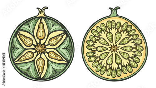 Two cross sections of pomegranates with seeds and green rind showing a star pattern inside fruit