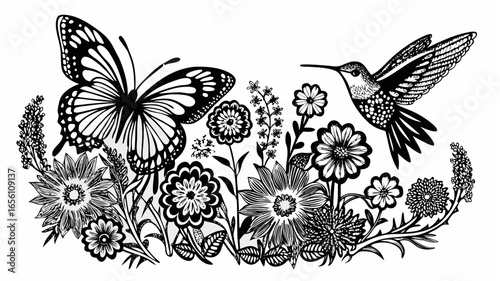 Illustration of a butterfly and hummingbird among various flowers in black and white drawing style |  editable eps vectors silhouette