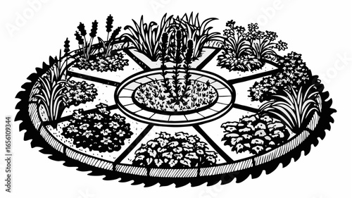 Circular garden bed with diverse plants arranged in sections around a central raised area design idea |  editable eps vectors silhouette