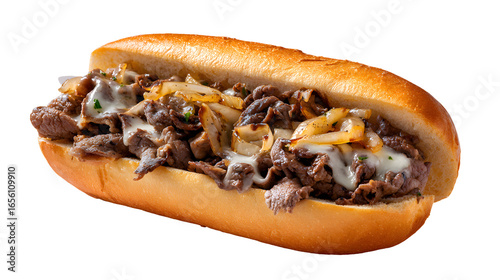 A hearty Philly cheesesteak with tender sliced steak, grilled onions, and melted provolone cheese. This classic, isolated shot is perfect for deli menus.