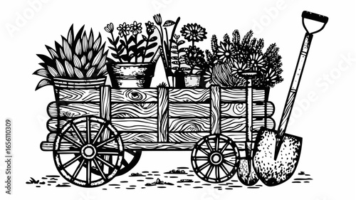A rustic wooden wagon filled with potted plants and a shovel leaning against it in a black and white drawing |  editable eps vectors silhouette